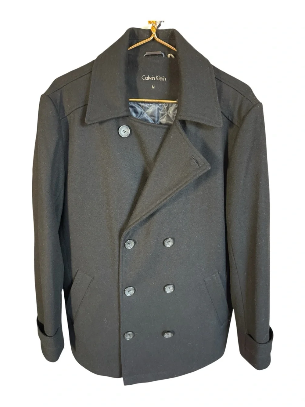 Calvin Klein Men's Black Double-Breasted Wool Blend Peacoat medium